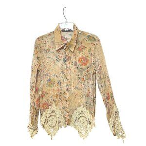 Vintage Haley Bob Lace Trim Blouse L Sheer Pleated Victorian Romantic Fairy